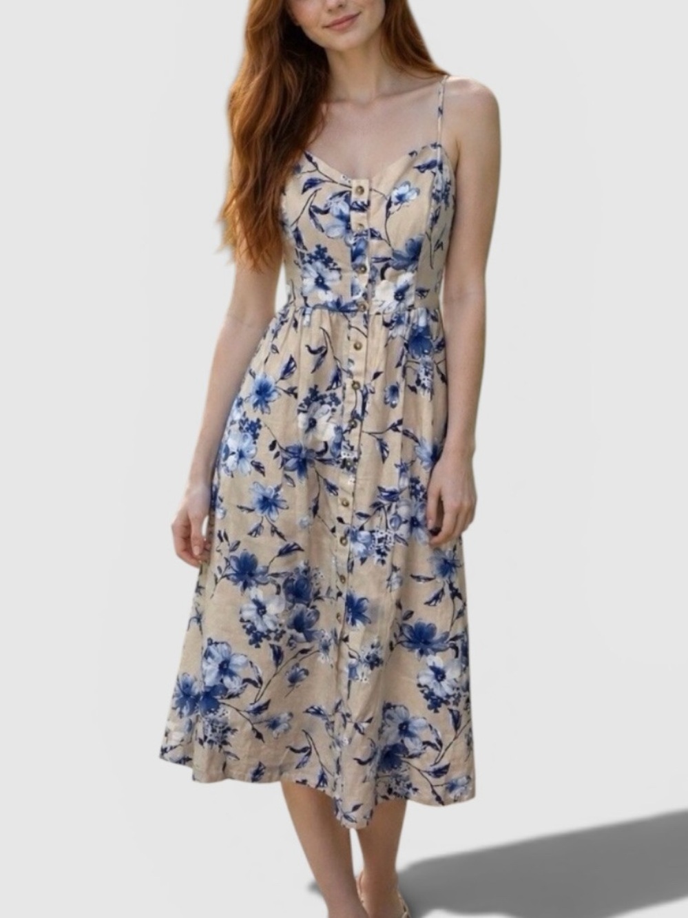 Emerald Sundae Slip Dress Midi Spaghetti Strap Blue Floral Linen -  Sz Med.